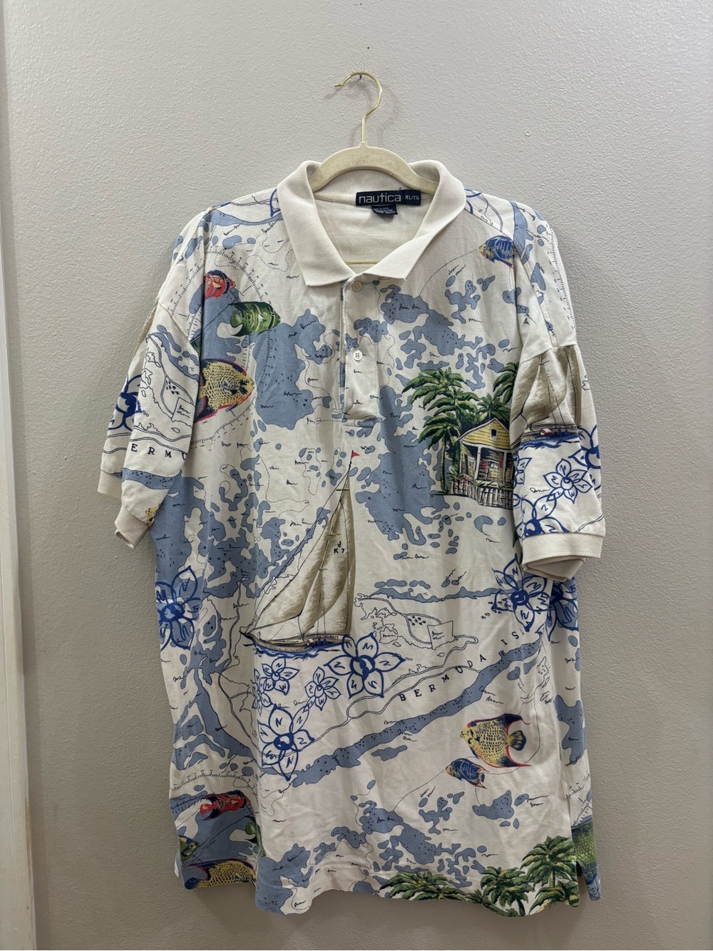Nautica Cream & Blue Coastal Bermuda isle Print Polo XL
